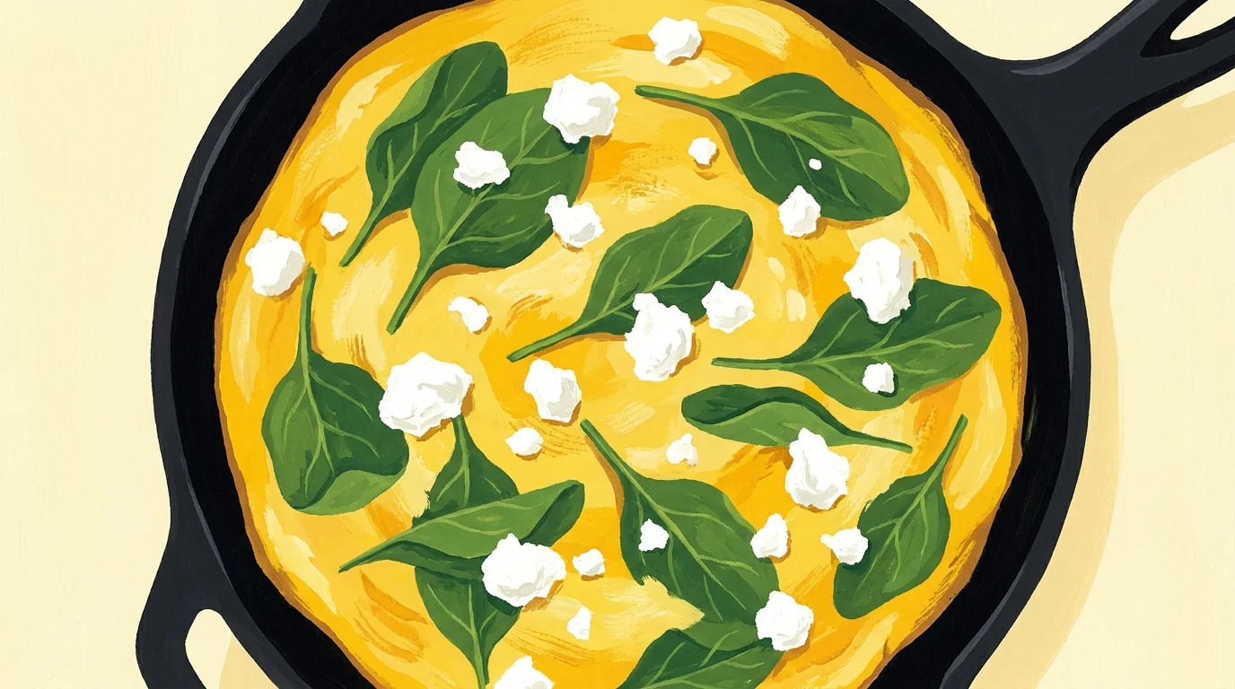 A graphic gouache illustration of a spinach and goat cheese frittata in a pan, seen from above.