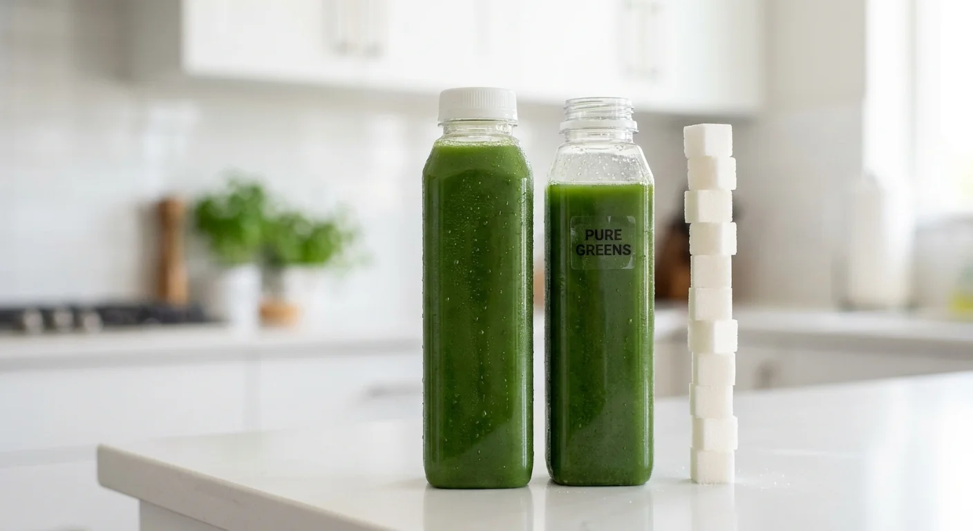 A green juice bottle covered in condensation next to a tall stack of sugar cubes.