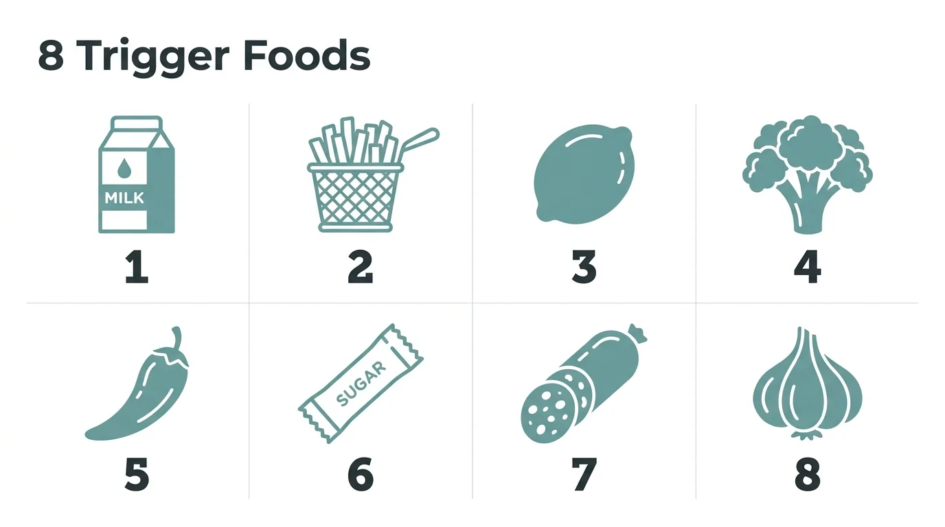 A grid infographic showing icons for the 8 types of foods that become difficult to digest as we age.