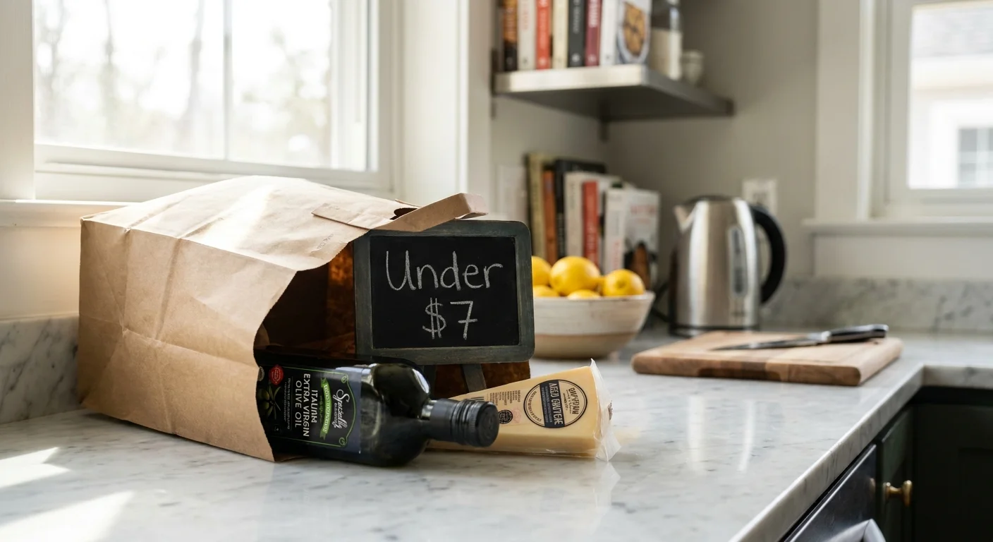 A grocery bag on a kitchen counter filled with premium olive oil and aged cheese, with a sign saying 'Under $7'.