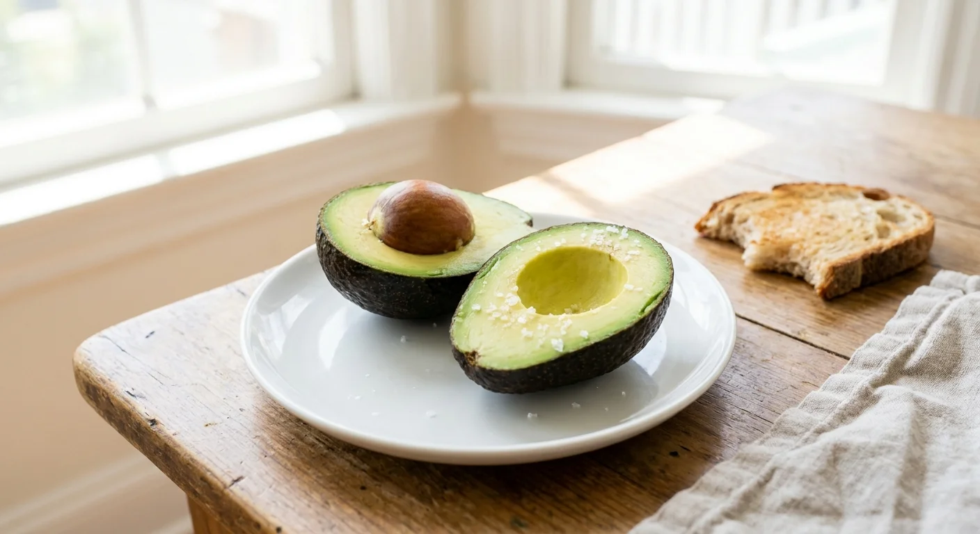 A halved avocado with its pit on a white plate in a bright, sunlit kitchen.