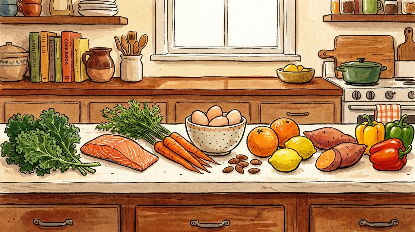 A hand-painted gouache illustration of kale, salmon, carrots, eggs, nuts, and citrus fruits.