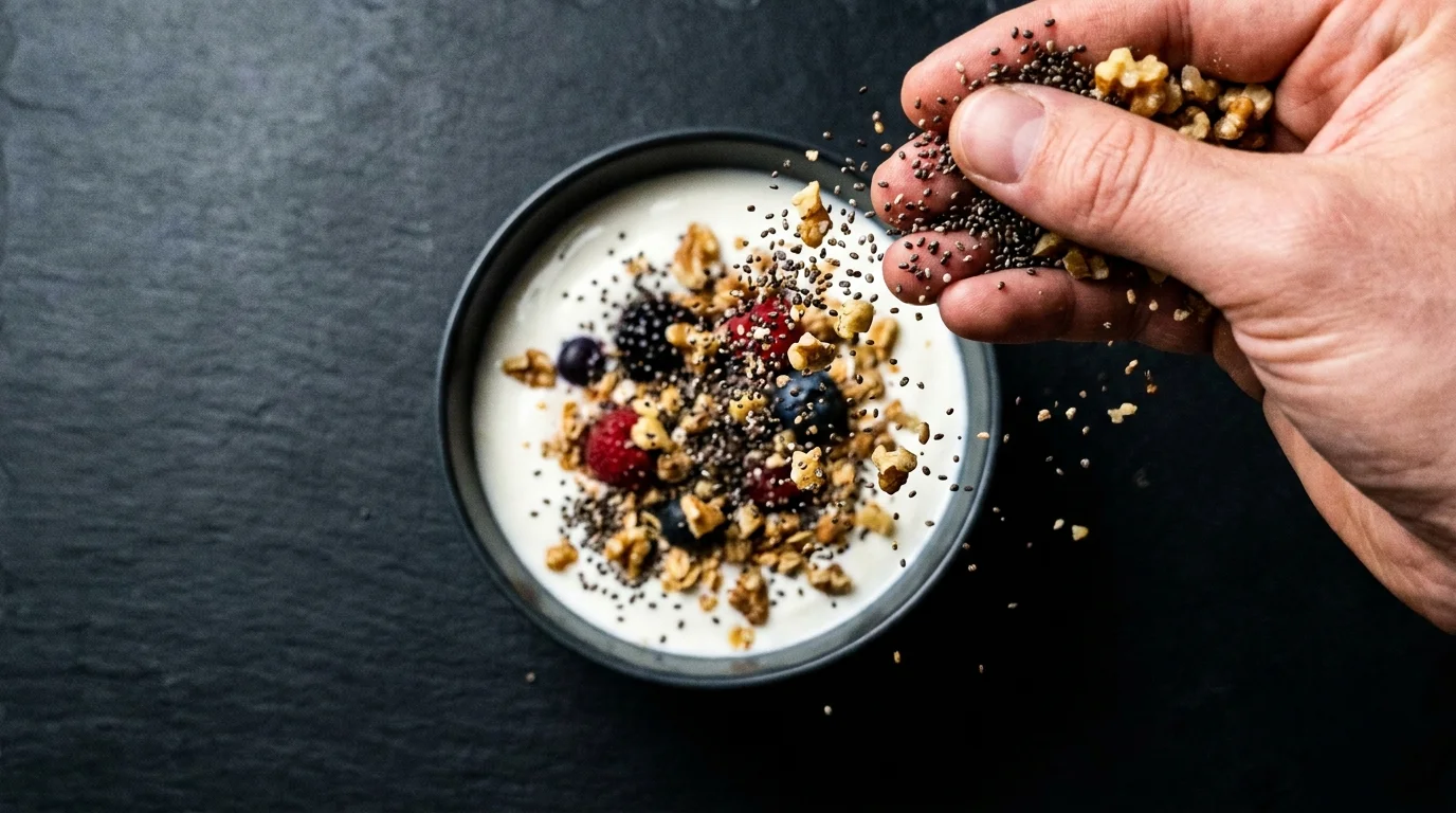 A hand sprinkling chia seeds and walnut pieces into a bowl in a frozen-motion shot.