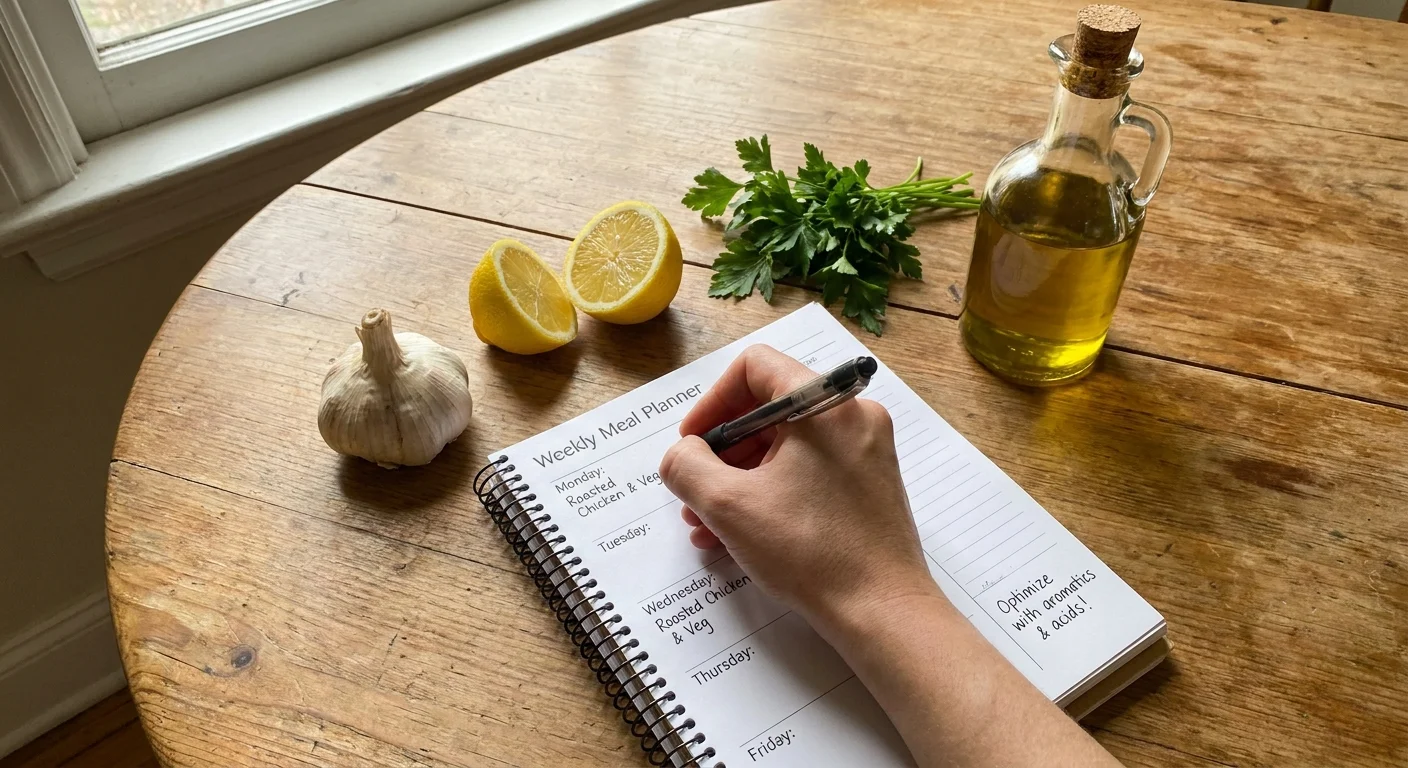 A hand writing on a meal planner surrounded by fresh garlic, lemon, and herbs on a wooden table.