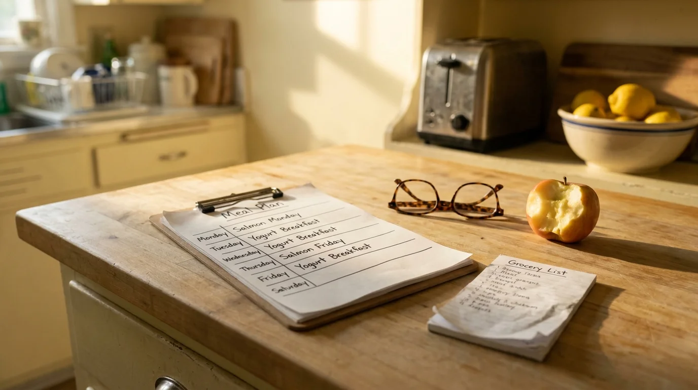 A handwritten meal plan and grocery list on a kitchen counter, showing organized healthy eating habits.