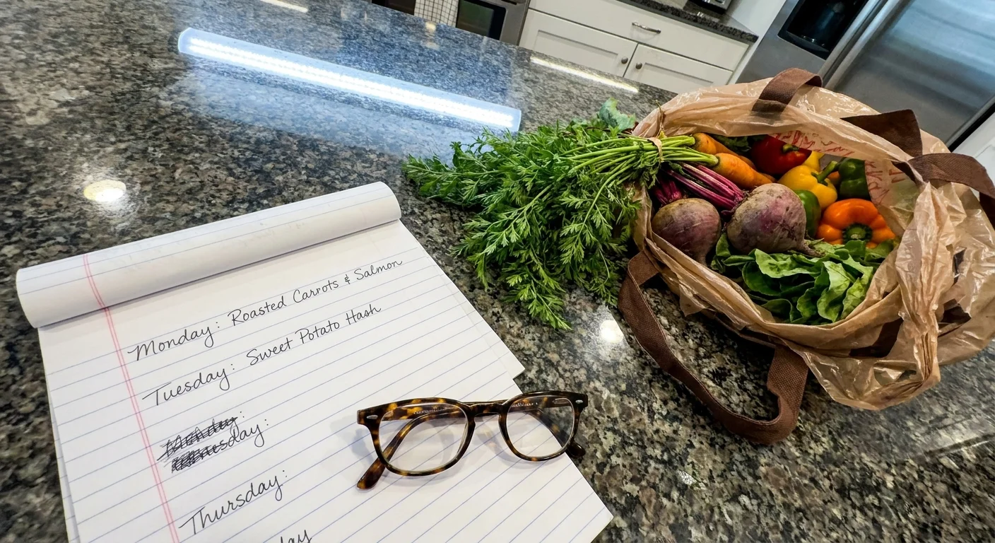 A handwritten meal plan on a kitchen counter next to fresh vegetables and reading glasses.