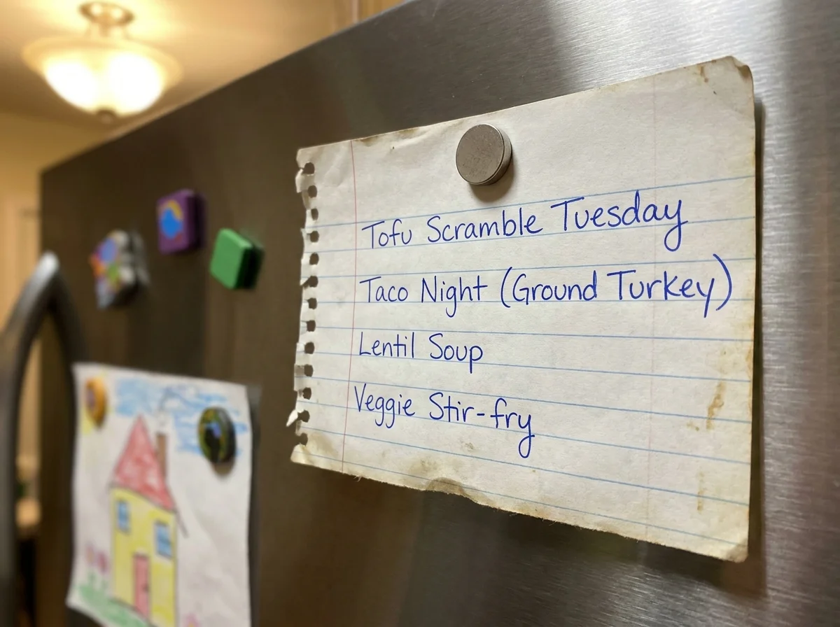 A handwritten weekly meal plan on a refrigerator featuring tofu and turkey alternatives.