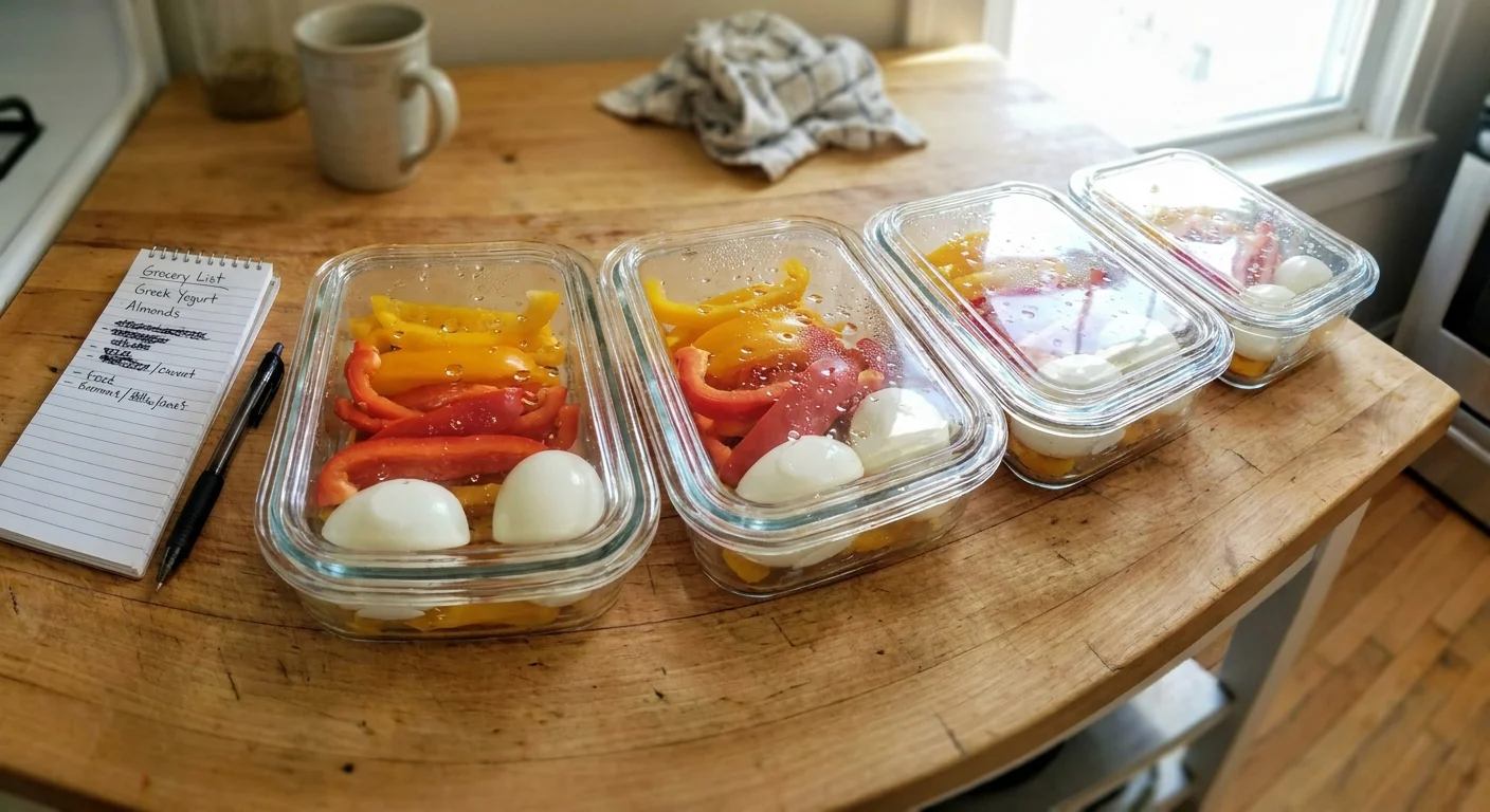 A high-angle shot of glass food containers filled with sliced peppers and eggs on a kitchen counter next to a handwritten grocery list.
