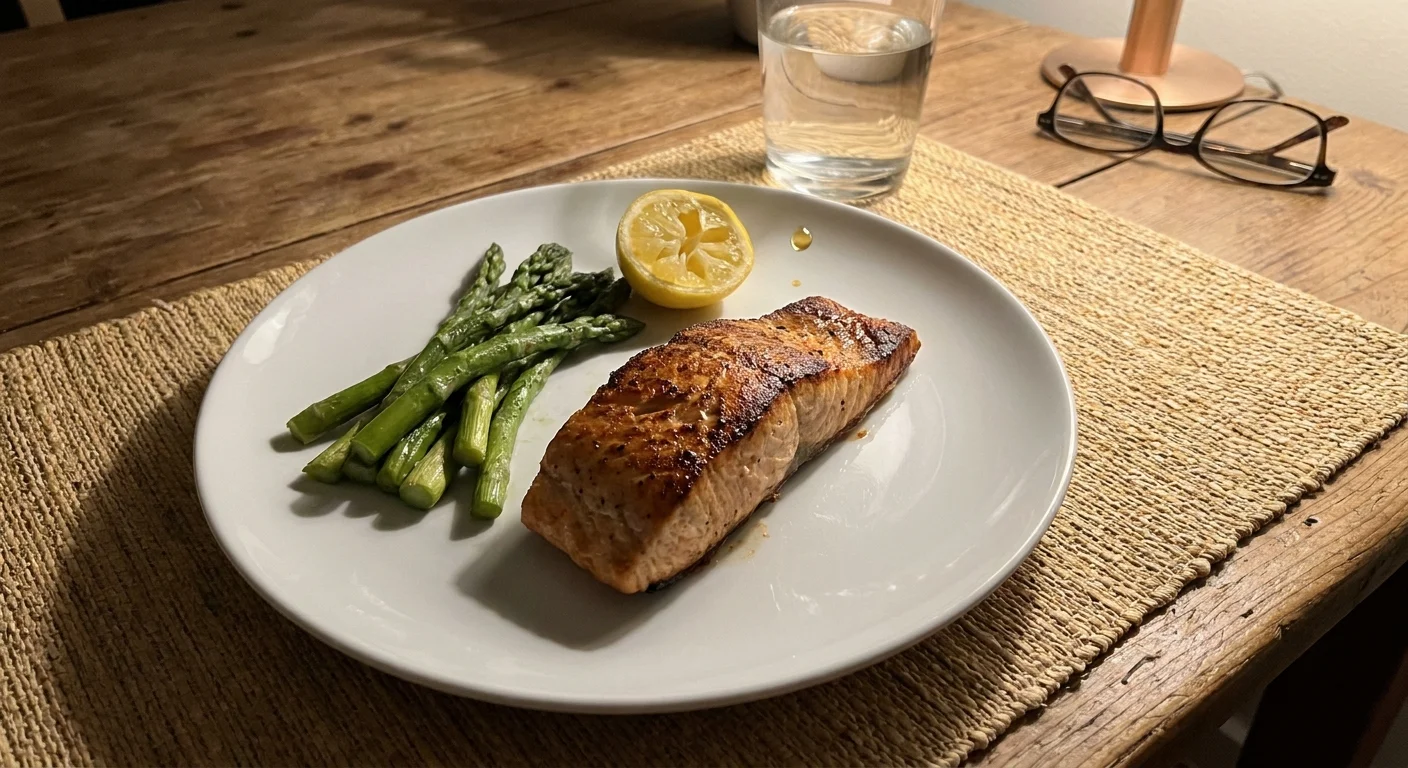 A home-cooked salmon dinner on a white plate, showcasing its flaky texture and healthy fats.