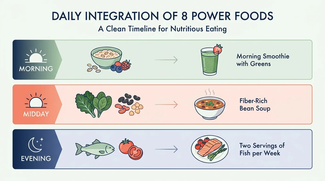 A horizontal infographic showing how to slot different heart-healthy foods into a daily meal plan.