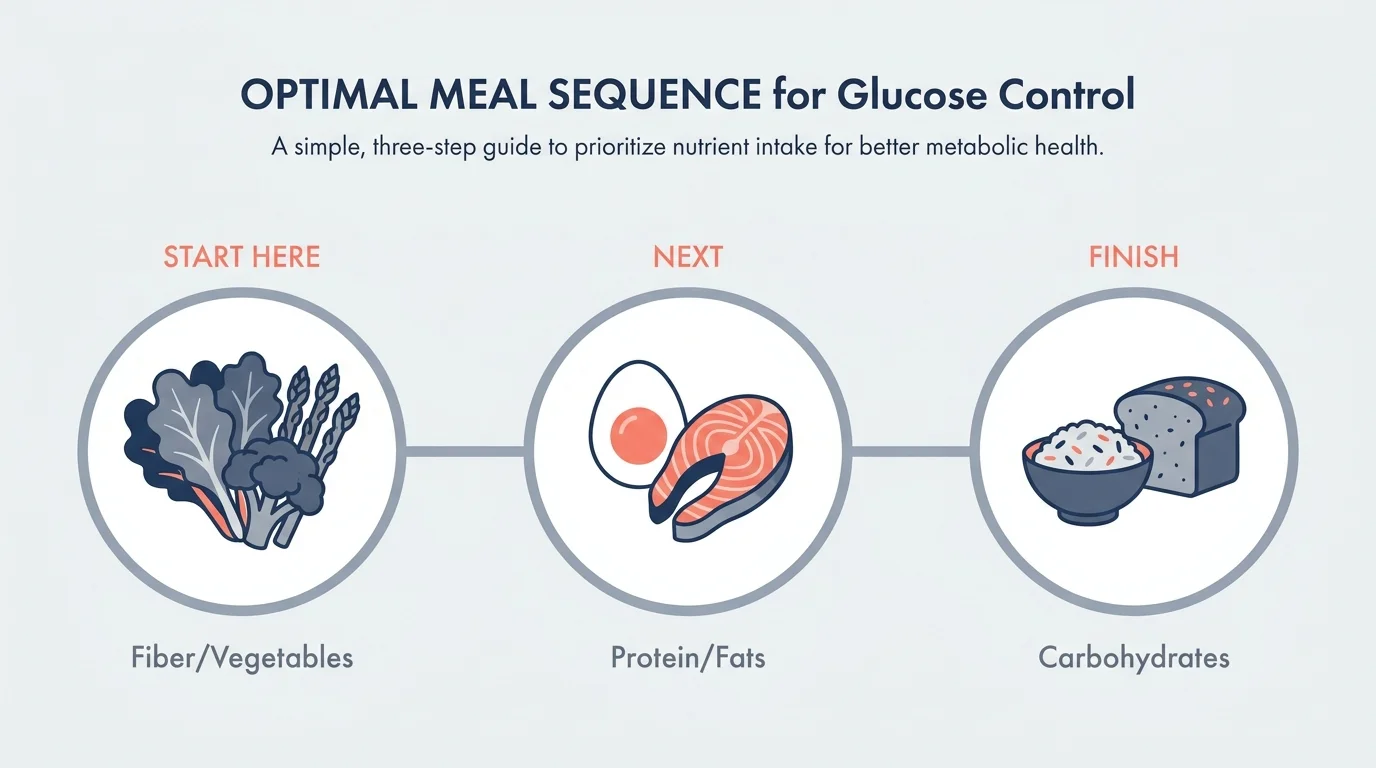 A horizontal infographic showing the meal order: Vegetables first, then Protein and Fats, and Carbohydrates last.