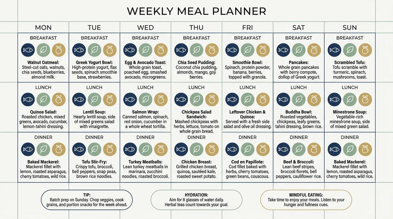 A horizontal weekly meal plan infographic showing anti-inflammatory food choices for every day.
