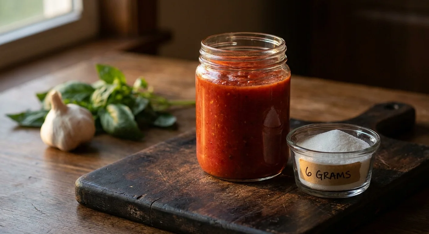 A jar of red pasta sauce next to a small dish of white sugar on a wooden board.
