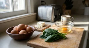 A kitchen counter with fresh brown eggs, spinach, and feta cheese in soft morning light, emphasizing a simple 3-ingredient meal prep.