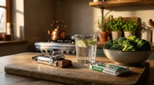 A kitchen counter with various foods mentioned in the article, like a protein bar and broccoli, in soft natural light.