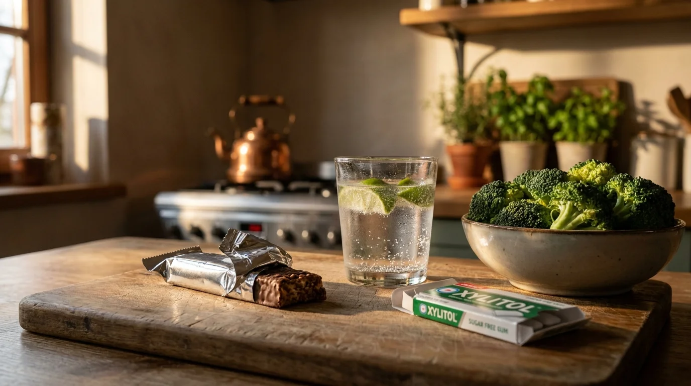 A kitchen counter with various foods mentioned in the article, like a protein bar and broccoli, in soft natural light.