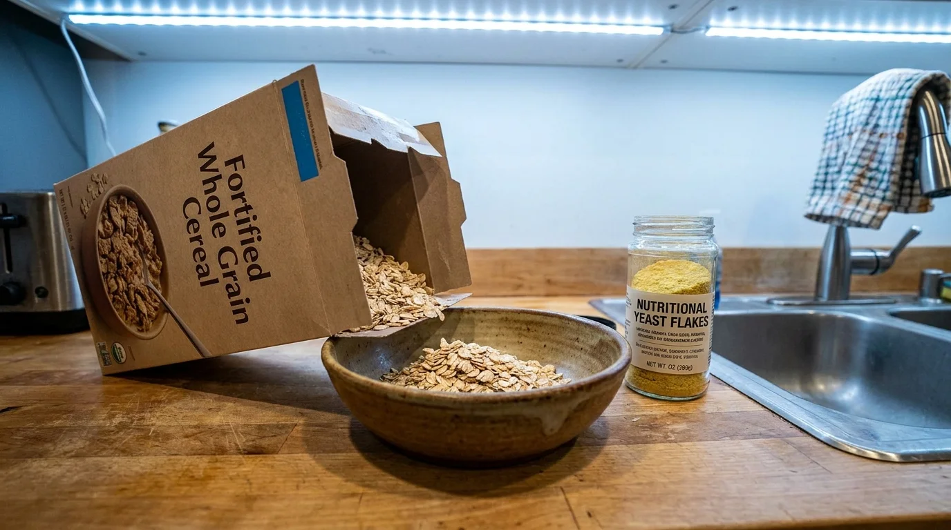 A kitchen scene showing fortified cereal and nutritional yeast, key sources of Vitamin B12.