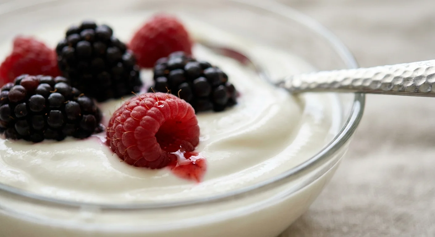 A macro photograph of thick Greek yogurt topped with fresh, juicy raspberries and blackberries in a glass bowl.