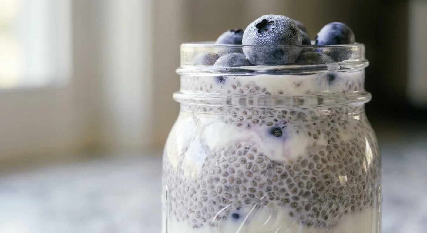 A macro shot of an overnight chia seed and Greek yogurt parfait topped with fresh blueberries in a glass jar.