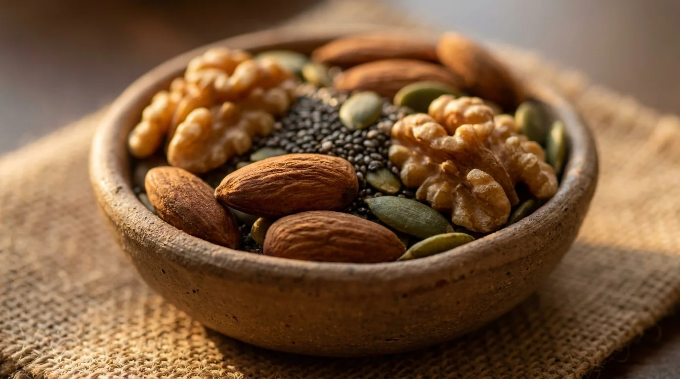 A macro shot of mixed nuts and seeds in a small clay pot, highlighting their varied textures.