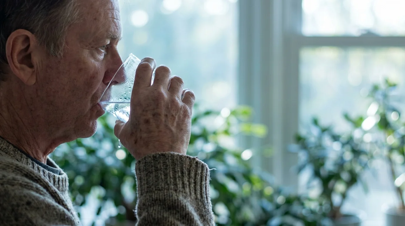 A man in his 60s mindfully drinking a glass of water in a sunlit room.