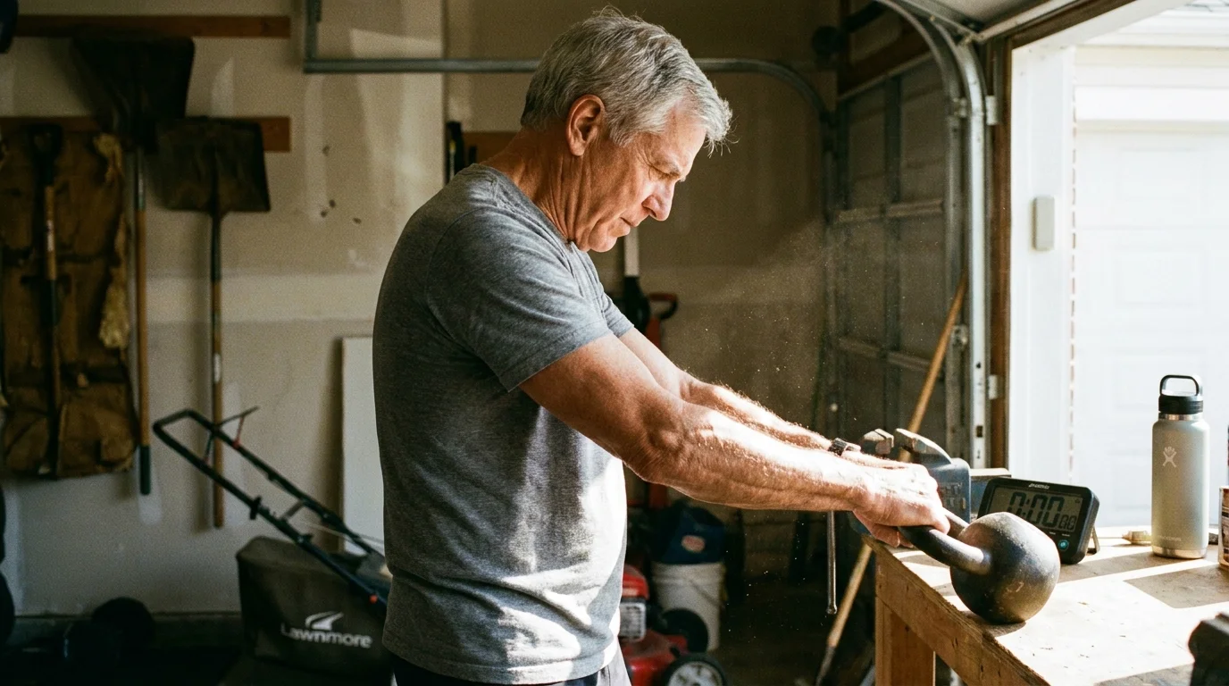 A man in his 70s exercising with a kettlebell in a home garage gym, showing active healthy aging.