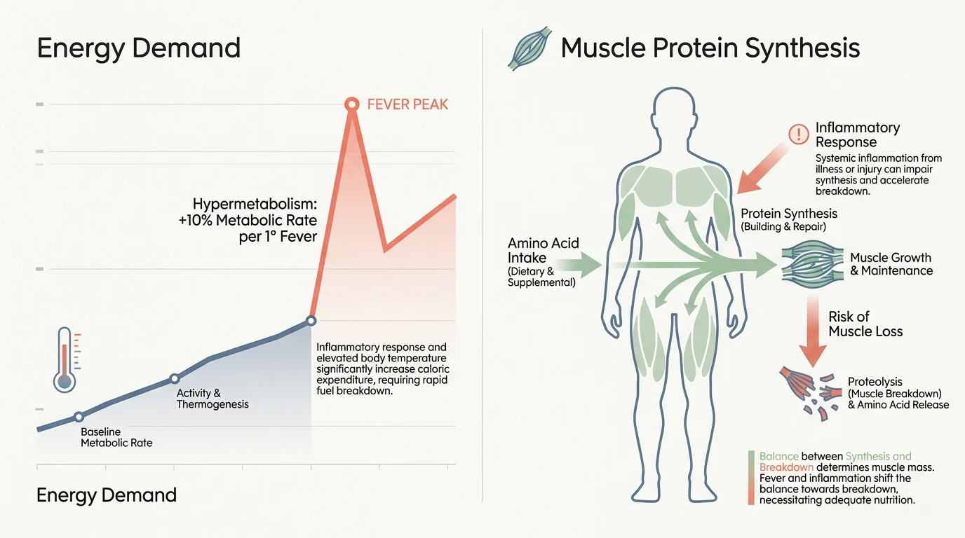 A medical diagram showing how illness causes a 10% spike in metabolic rate and the risk of muscle loss in seniors.