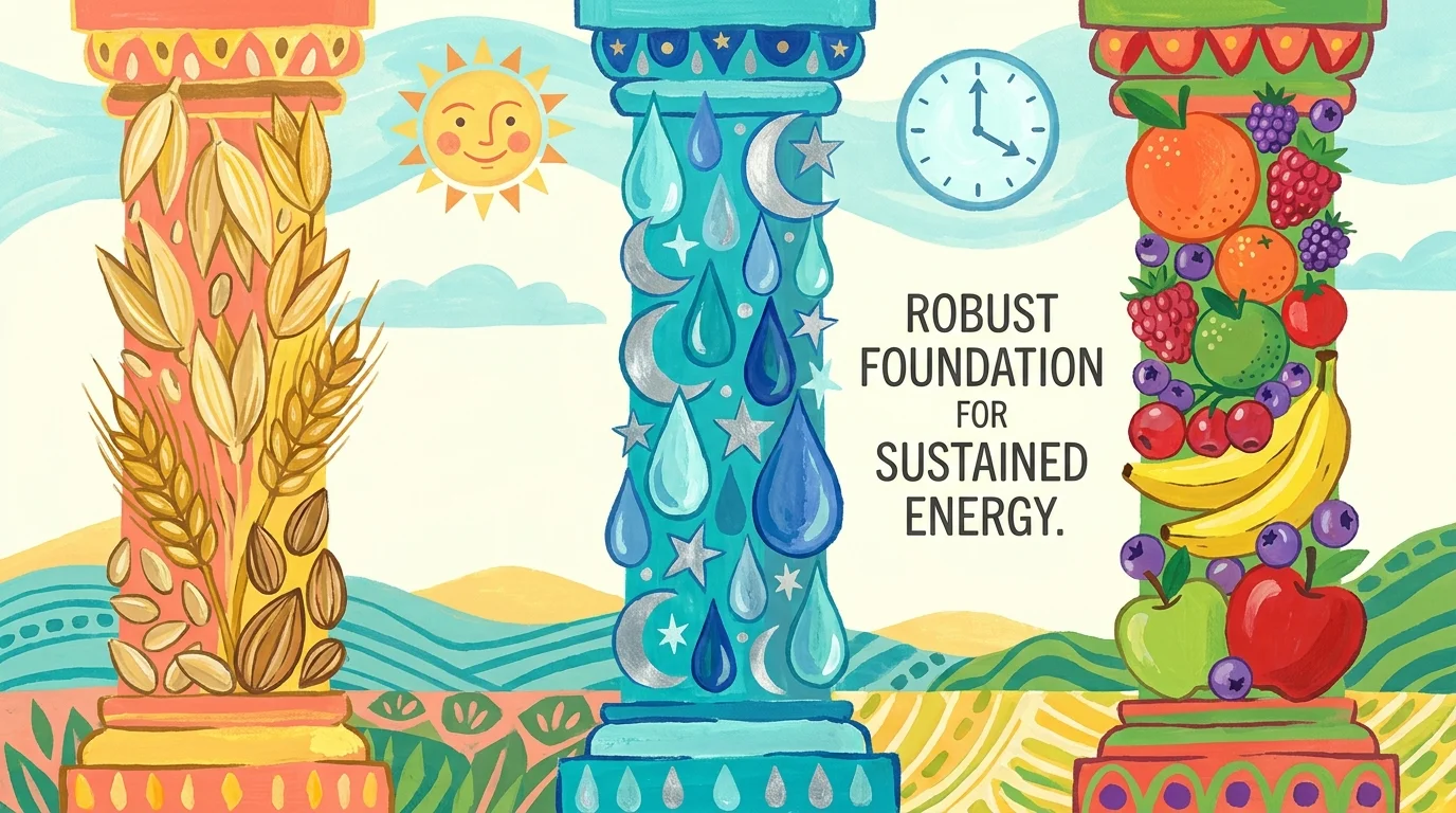 A mid-century modern illustration showing three pillars of health: nutrition, hydration, and sleep.