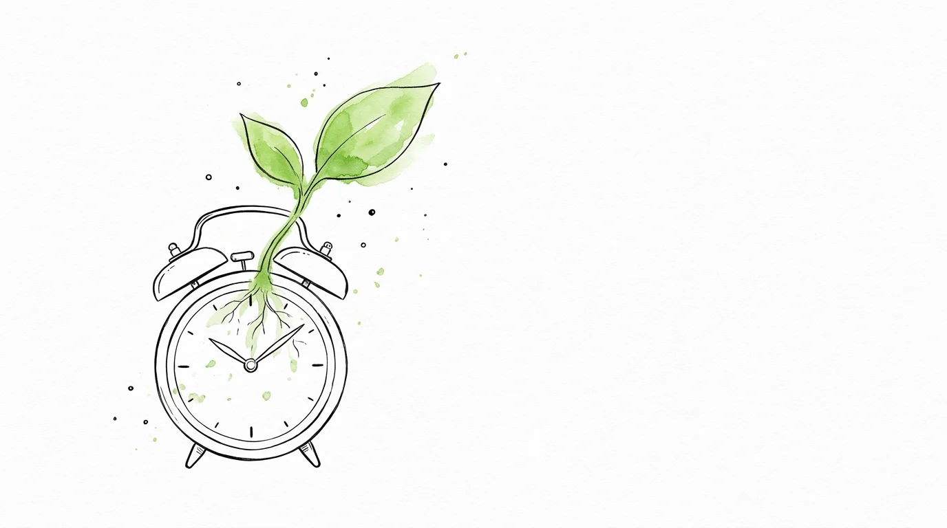 A minimalist illustration of a plant growing from a clock, symbolizing the development of healthy eating habits.