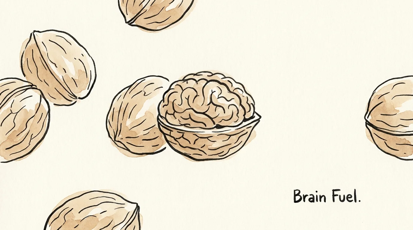 A minimalist ink and watercolor illustration of walnuts, with one shell subtly shaped like a human brain.