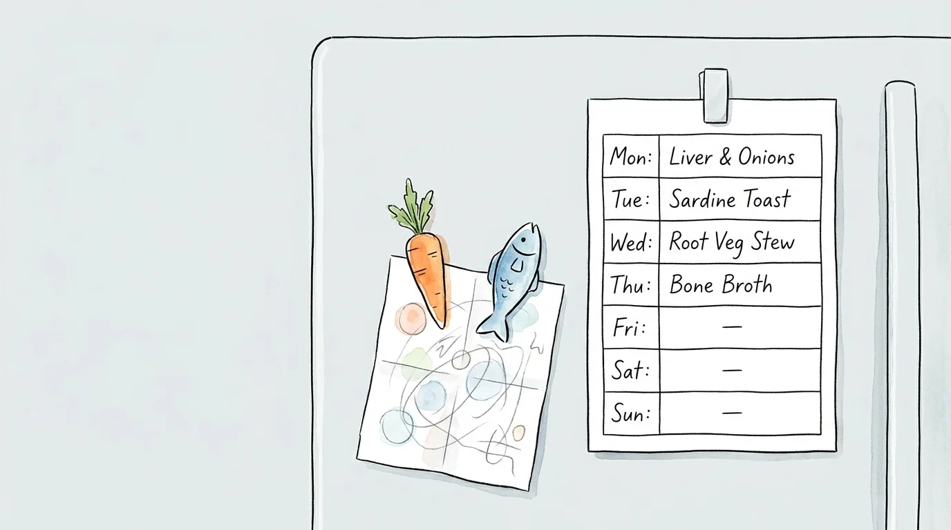 A minimalist watercolor illustration of a hand-written weekly meal plan on a refrigerator.