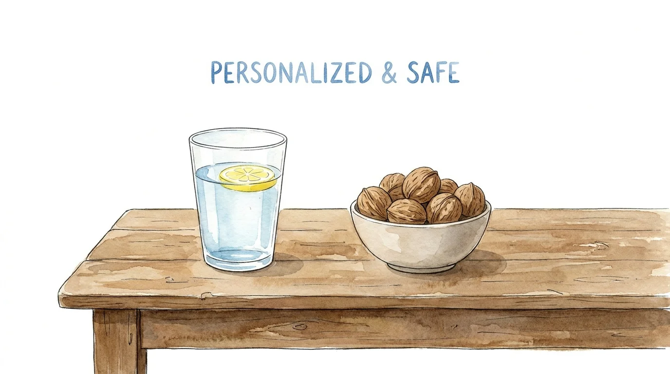 A minimalist watercolor of a glass of water, a lemon slice, and a bowl of nuts.
