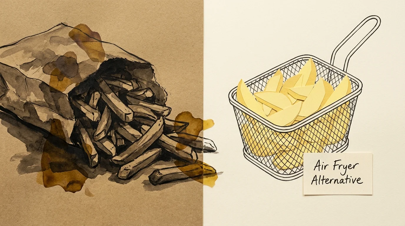 A mixed-media illustration comparing heavy, greasy fries to a lighter air-fried alternative.
