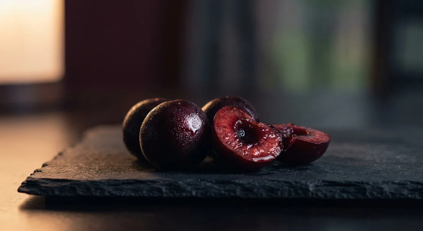 A moody, close-up macro photo of dark tart cherries on a slate background, suggesting a nighttime snack.