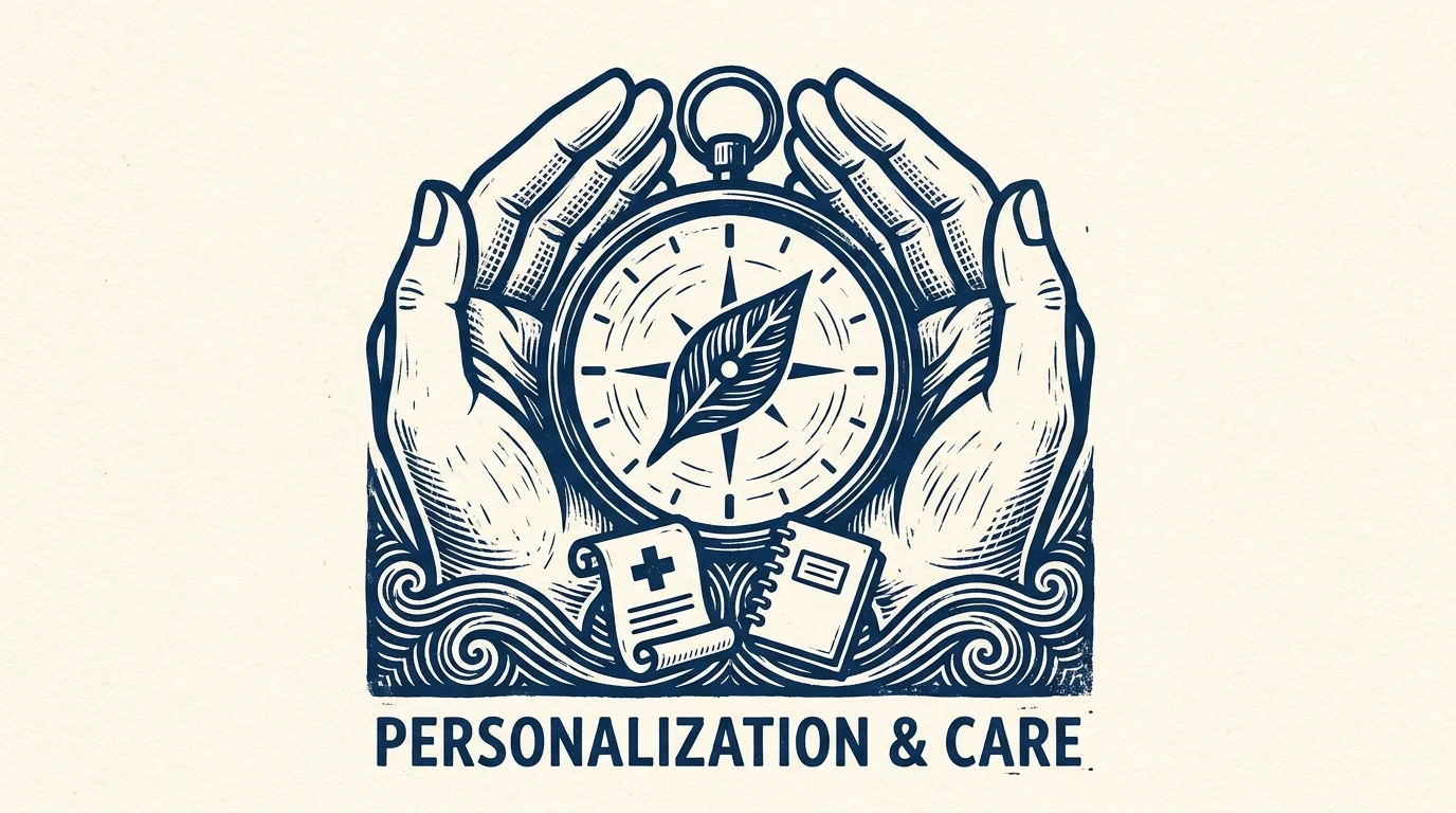 A navy blue woodcut illustration of hands holding a compass with a leaf needle, symbolizing personalized health guidance.