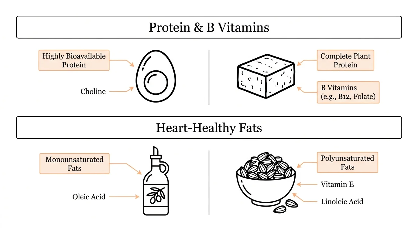 A nutritional comparison chart showing eggs versus tofu and olive oil versus sunflower seeds.