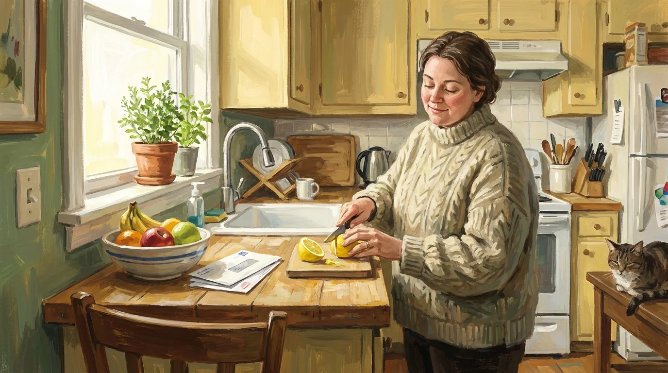 A painterly illustration of a person in a sunlit kitchen, calmly preparing a simple meal.