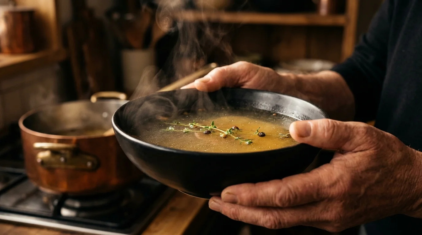 A pair of hands holding a steaming bowl of golden bone broth in a warm, cozy kitchen.