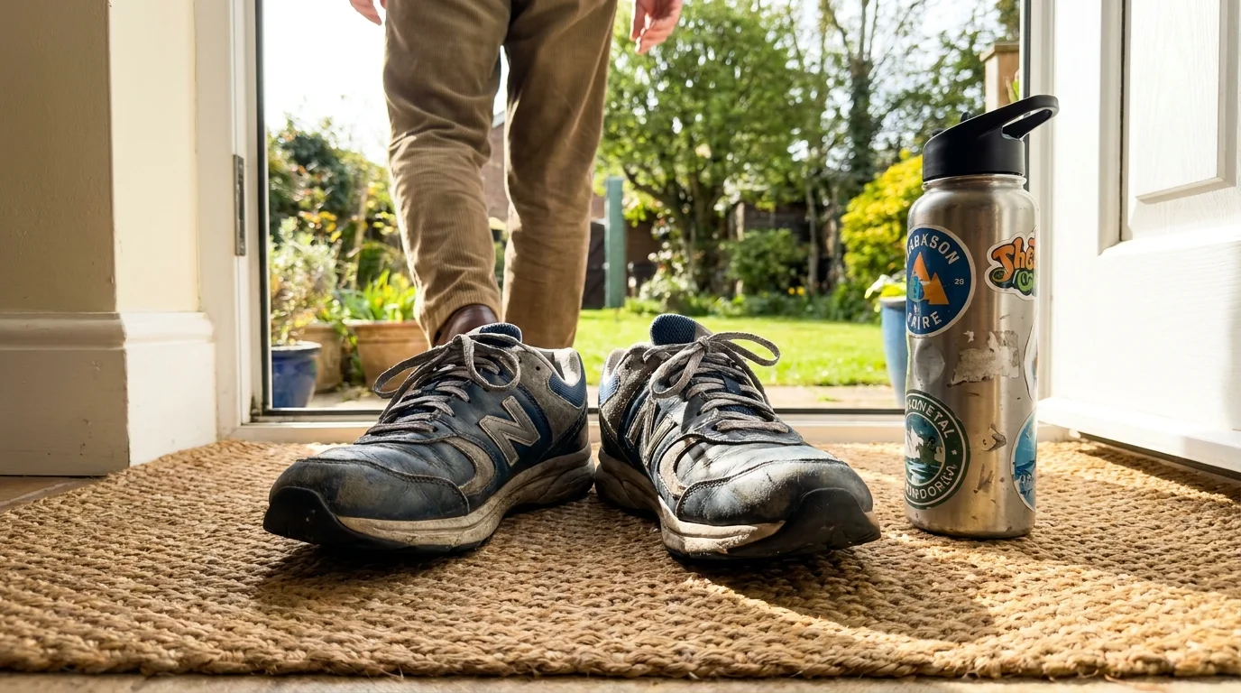 A pair of walking shoes and a water bottle by a door, representing an active lifestyle for bone health.