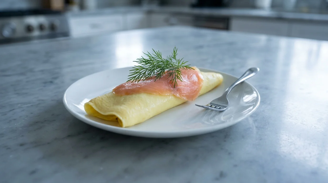 A pale yellow rolled omelet topped with a slice of smoked salmon and a fresh dill sprig on a white plate.