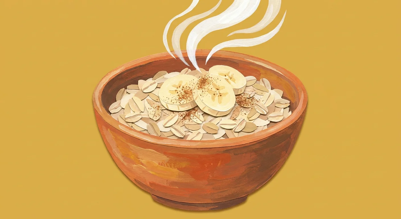 A paper-craft style illustration of a steaming bowl of oatmeal with fruit toppings.