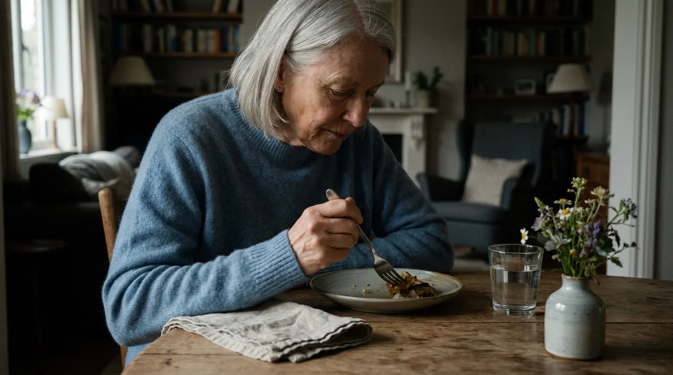 A peaceful photo of a person eating mindfully at a small table, free from distractions.