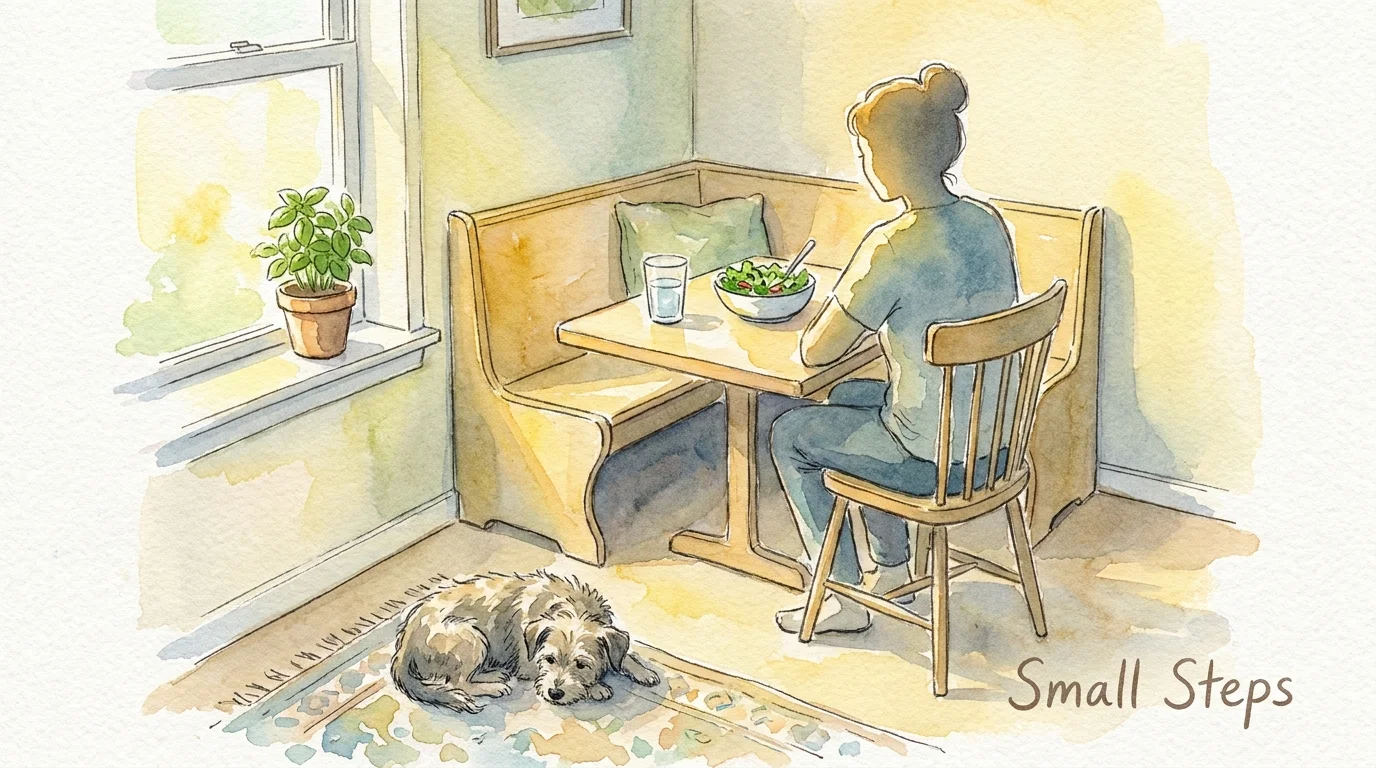 A peaceful watercolor illustration of a person eating a healthy meal in a sunlit breakfast nook.