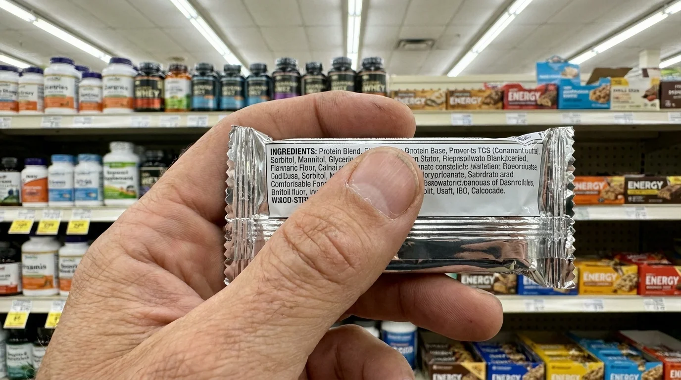 A person holding a food label that lists sorbitol and mannitol as ingredients.