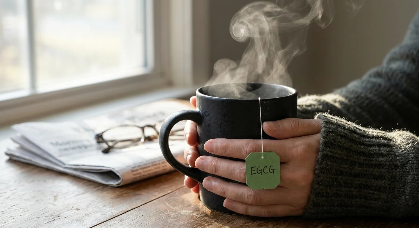 A person holding a steaming mug of green tea during a quiet morning, focusing on the steam and the mug's texture.