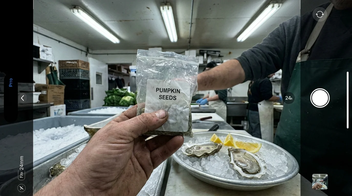 A person holding pumpkin seeds next to a plate of oysters, highlighting diverse zinc sources.