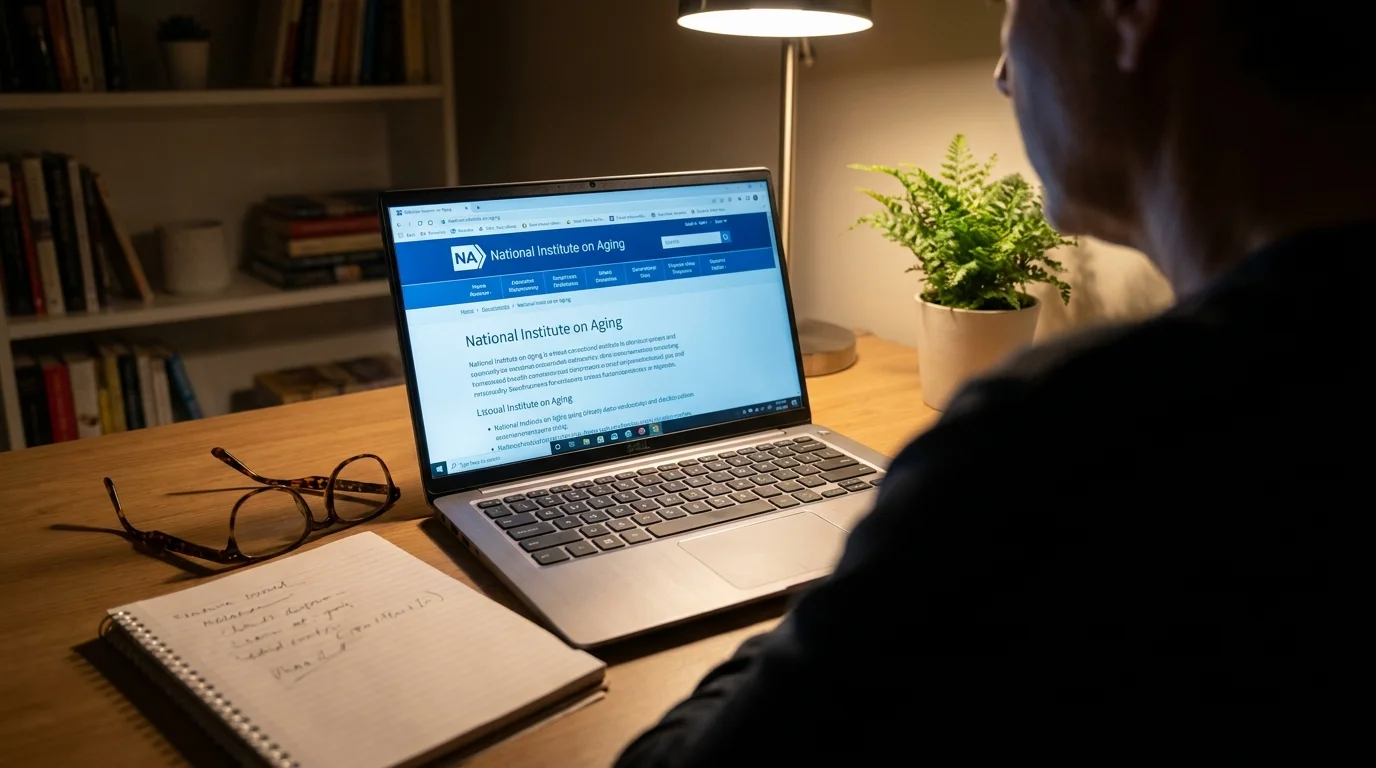 A person looking at the National Institute on Aging website on a laptop at a home desk.