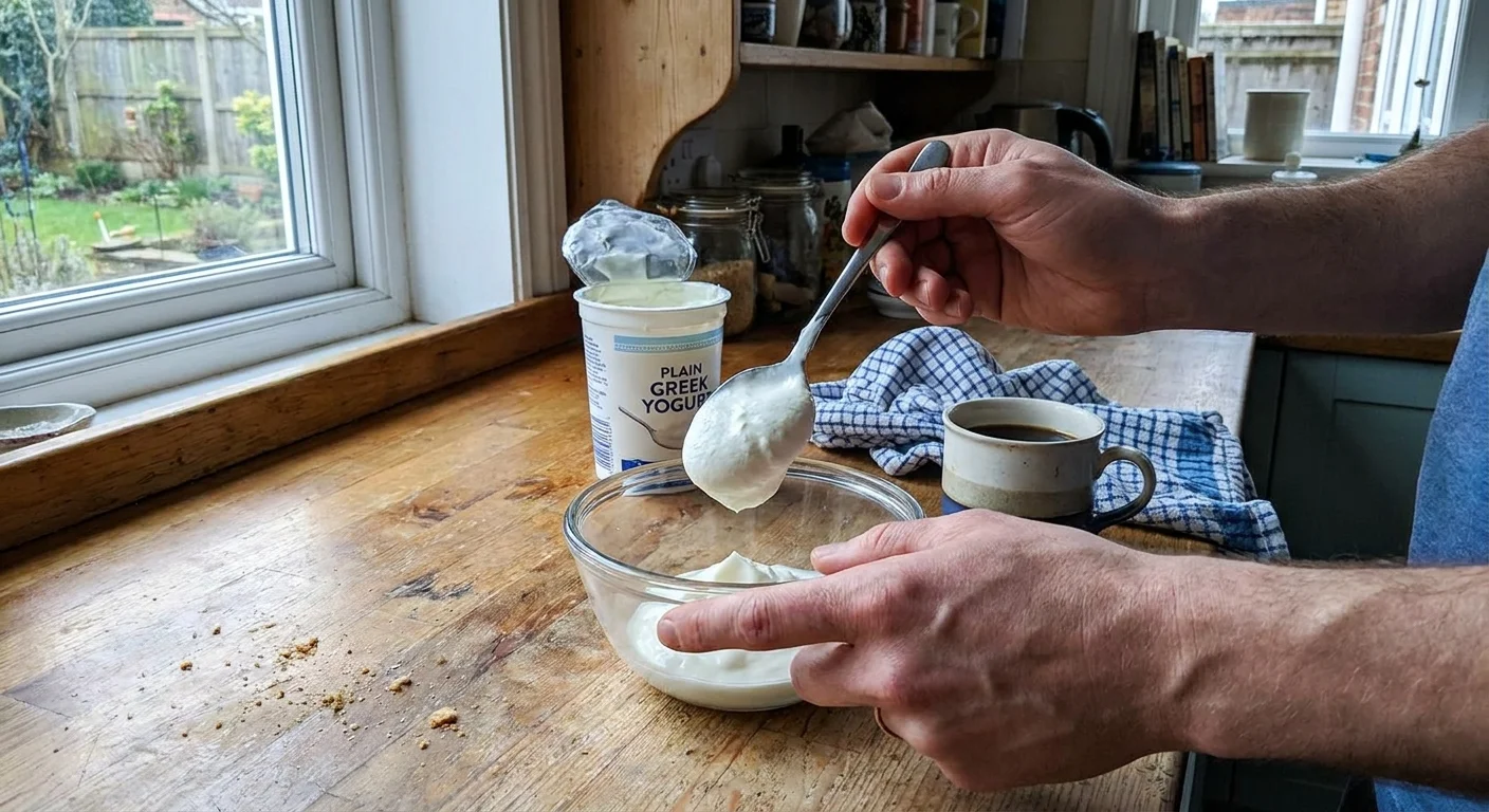 A person scooping thick Greek yogurt into a bowl on a wooden kitchen counter in natural light.