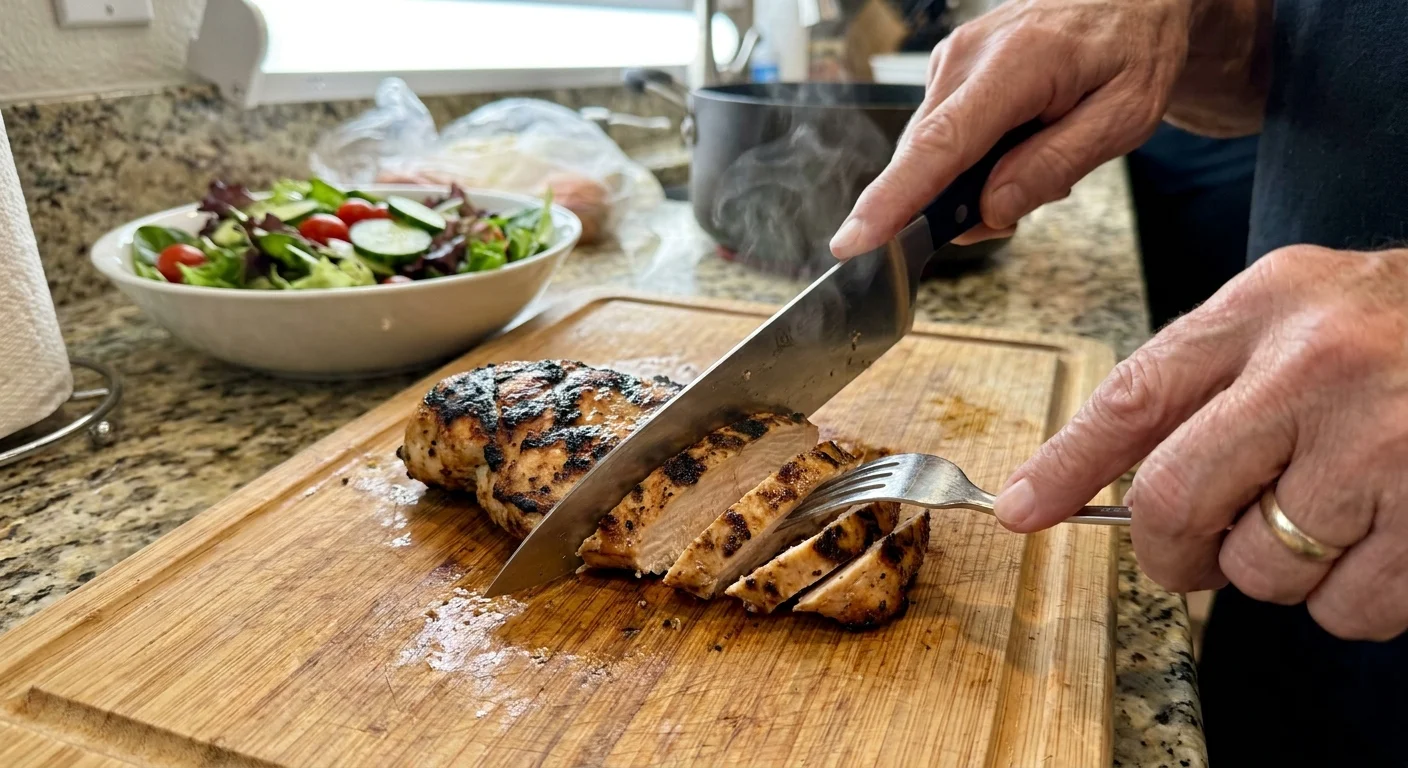 A person slicing a grilled chicken breast on a wooden cutting board in a home kitchen.