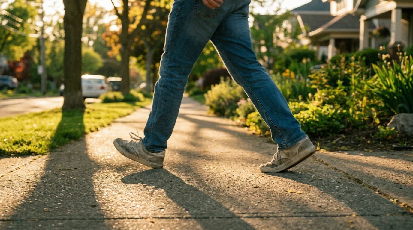 A person taking a casual walk on a sun-lit sidewalk, showing a simple post-meal movement habit.